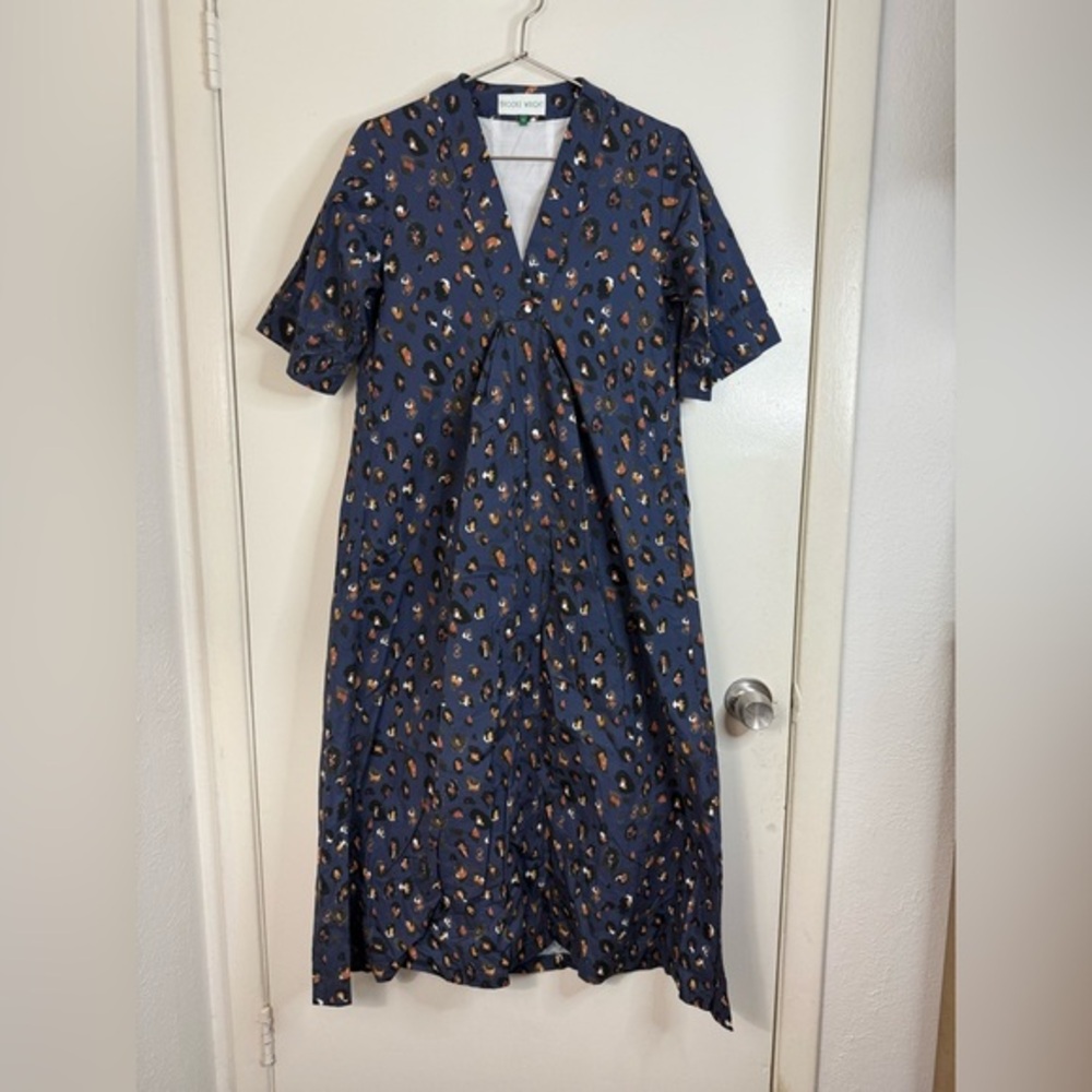 Brooke Wright Henrietta leopard blue short sleeve poplin cotton maxi dress. S